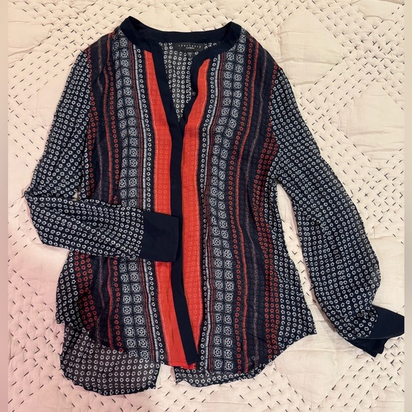 Sanctuary Women Blouse Navy Rust White Print Long Sleeve Button Shirt Small - Picture 1 of 4